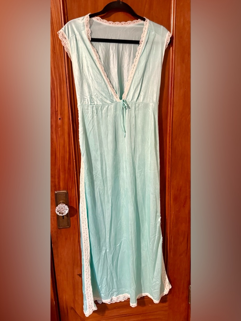 Vintage Mint Green Teal Long Satin W/Lace Trim Slip Dress Nightgown